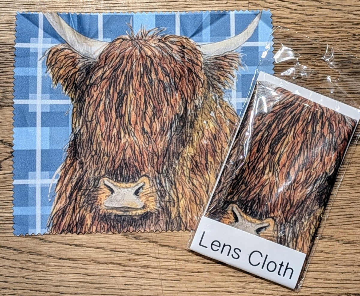 Tartan Highland Cow Lens Cleaning Cloth By Penny Black showing packaging