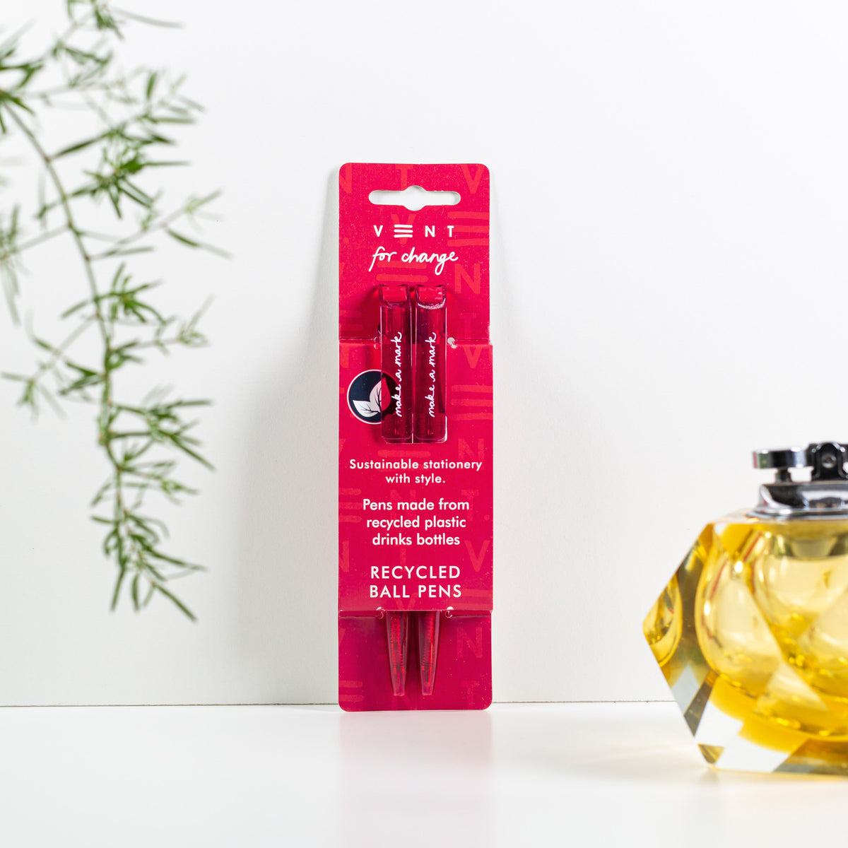 Make a Mark Recycled Pen 2 pack set by Vent for Change in it&#39;s packaging against a wall in colourway warm pink