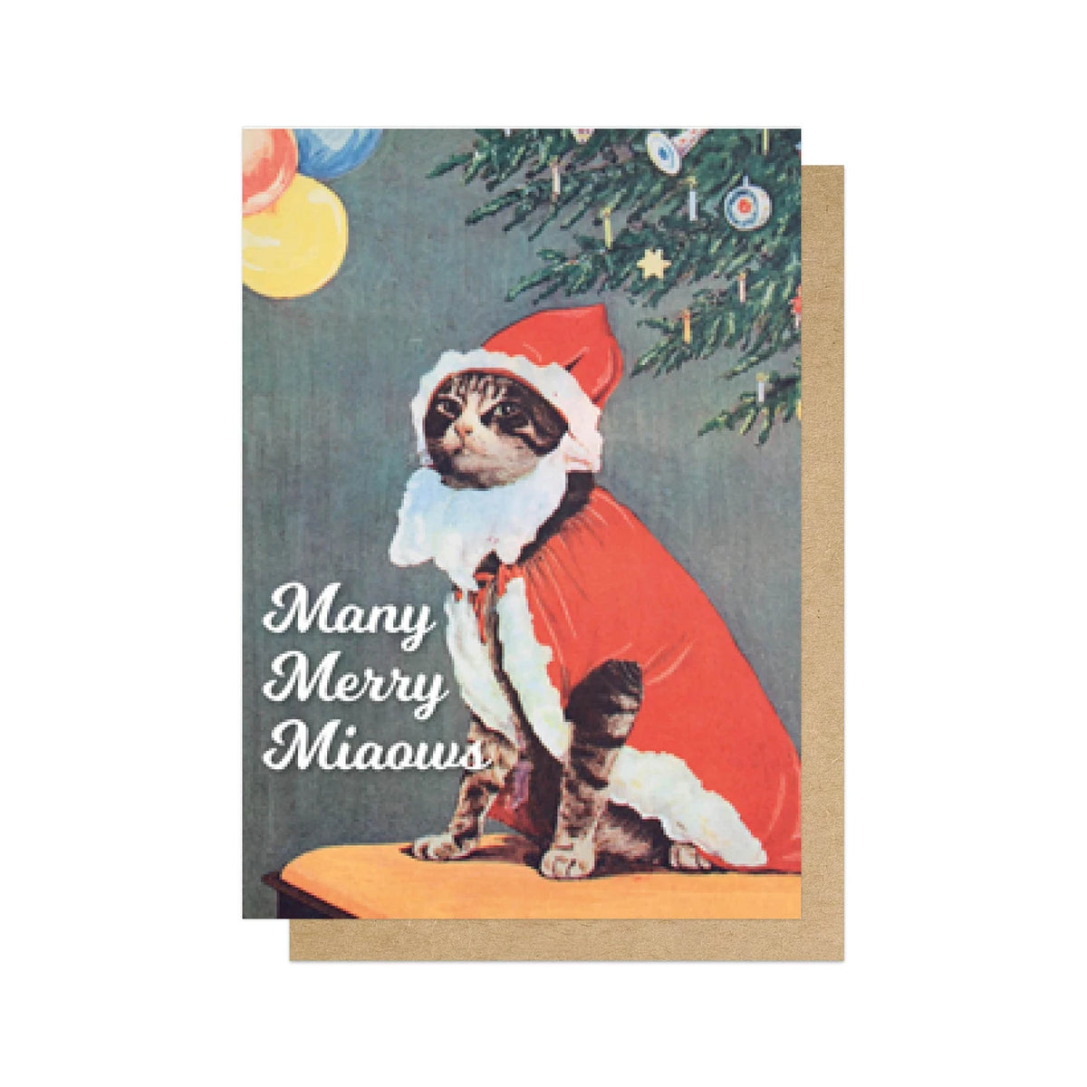 A Christmas greeting card featuring a cat dressed in a Santa hat and red cape, sitting in front of a decorated tree, with the text 'Many Merry Miaows' on a kraft paper envelope.