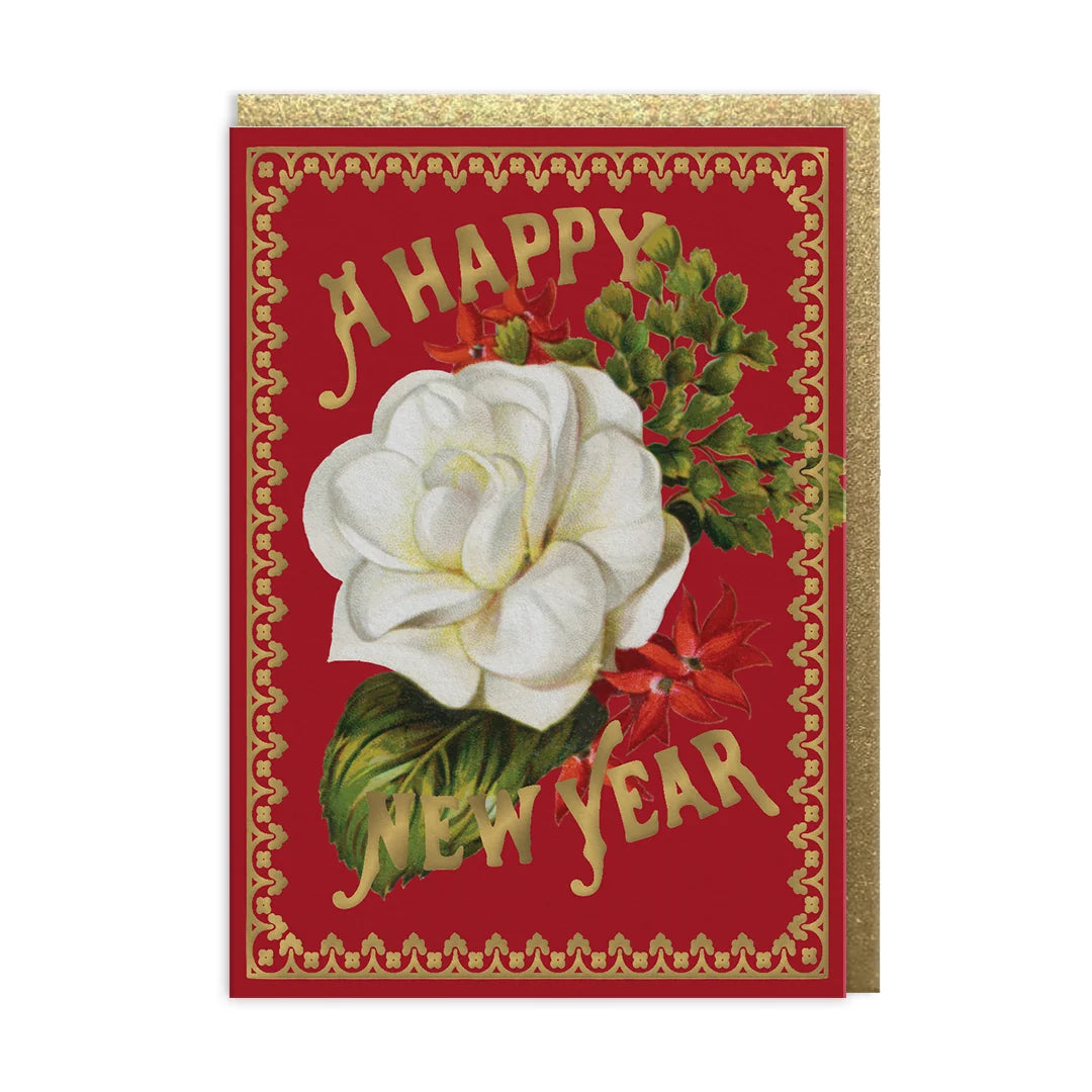 V&A White Vintage Flower Happy New Year Card By Penny Black