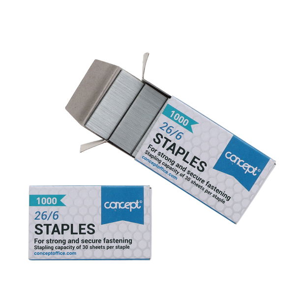 Staples 26/6 - 2pks of 1000 in packaging showing contents at penny black