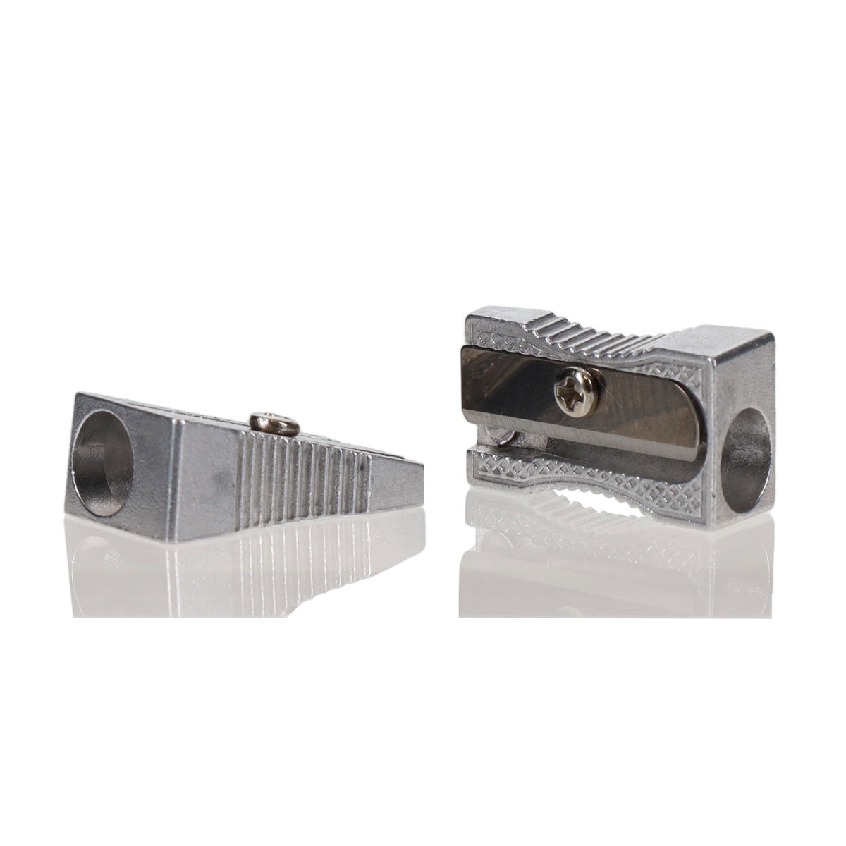 Two aluminium metal pencil sharpeners side by side
