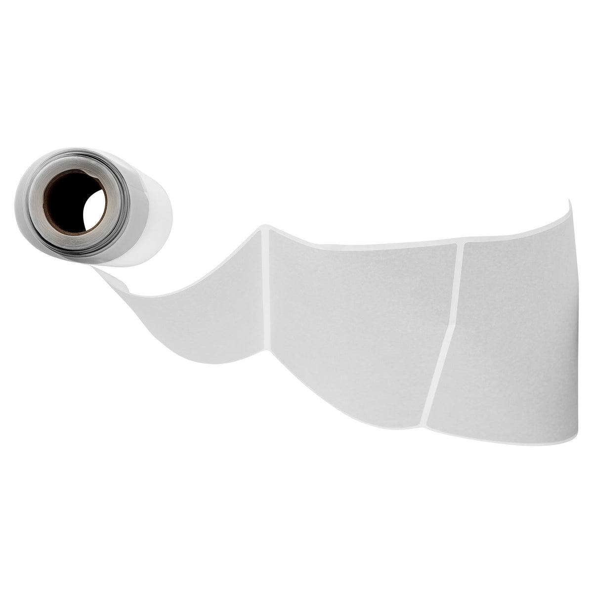Roll of white adhesive labels on a white background