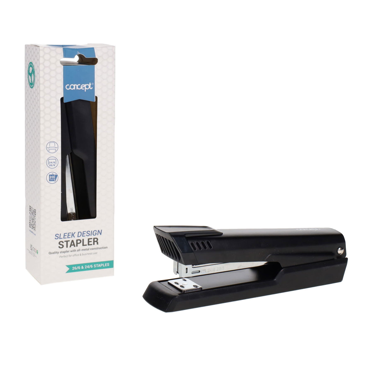 Black stapler with packaging on a white background