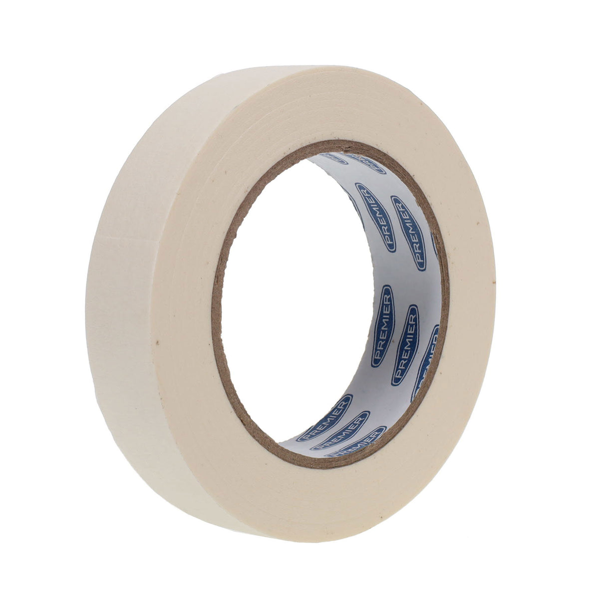 Roll of white tape with a brand label on a white background