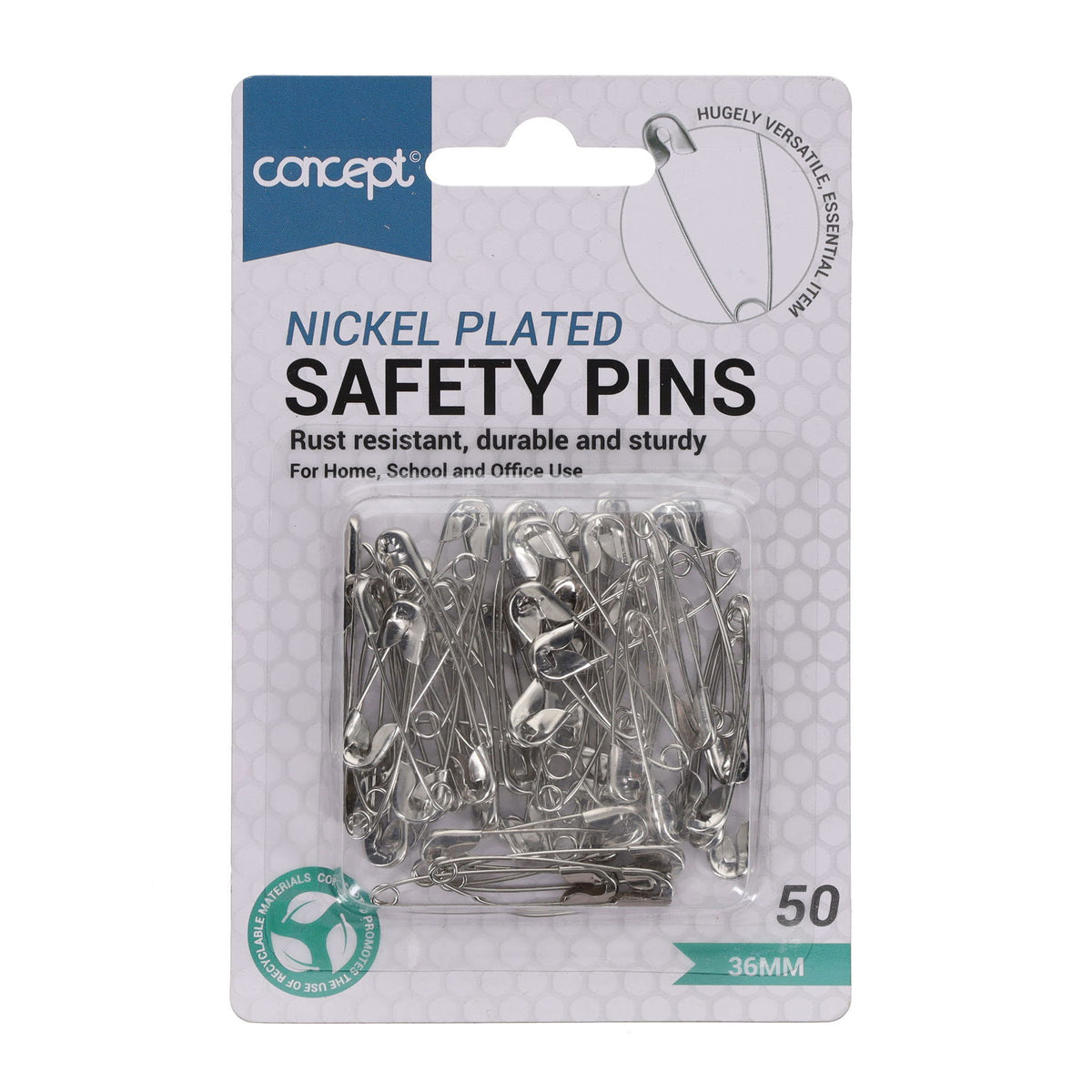 Nickel Safety Pins 36mm 50pk in packaging by penny black