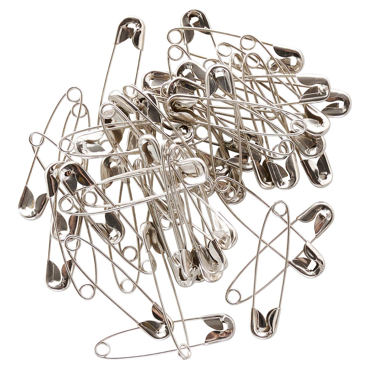 Nickel Safety Pins 36mm 50pk shown o a table top by penny black