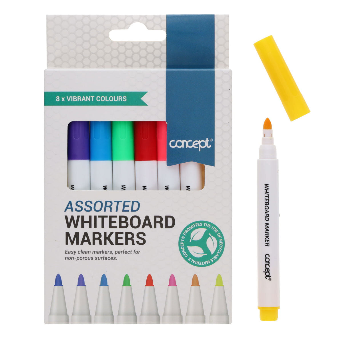 Concept Bullet Tip Vibrant Whiteboard Markers 8pk in packaging showing a yellow marker with the cap off.