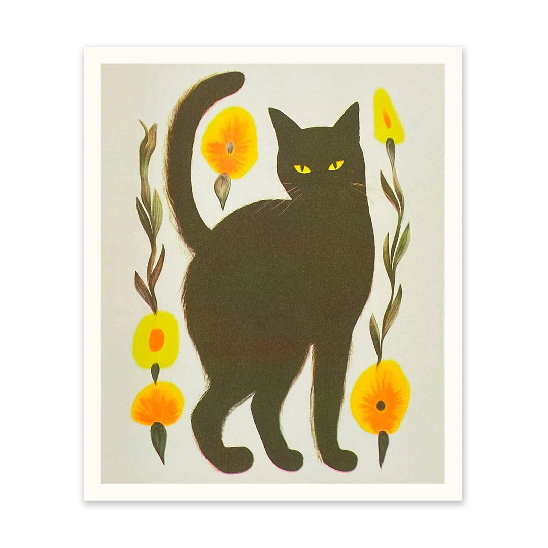 Black Cat Floral Riso Print| Penny Black