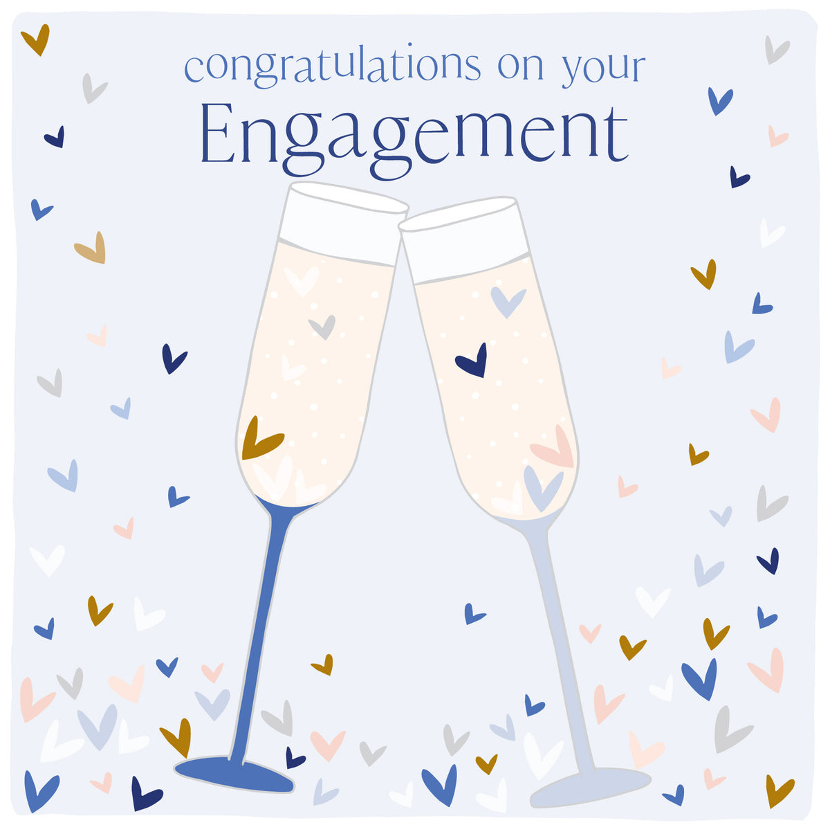 A square greetings card with a light blue background and two filled champagne flutes clinking. The words above this say &#39;Congratulations on your engagement&#39; in dark blue. There is a scattering of pink, white, grey and blue tiny hearts across the image also.