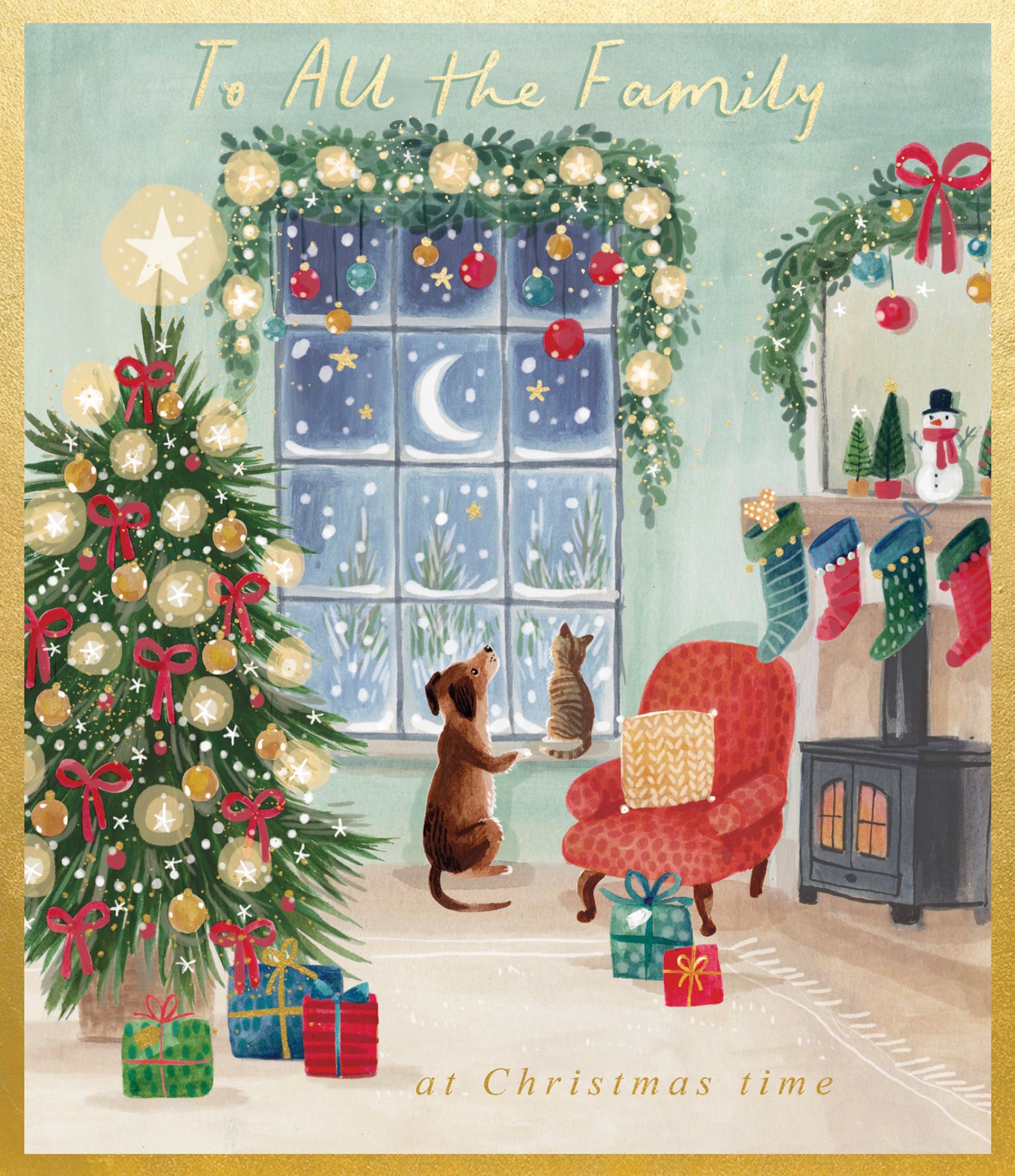 Dog & Cat By The Window To All The Family Christmas Card by penny black
