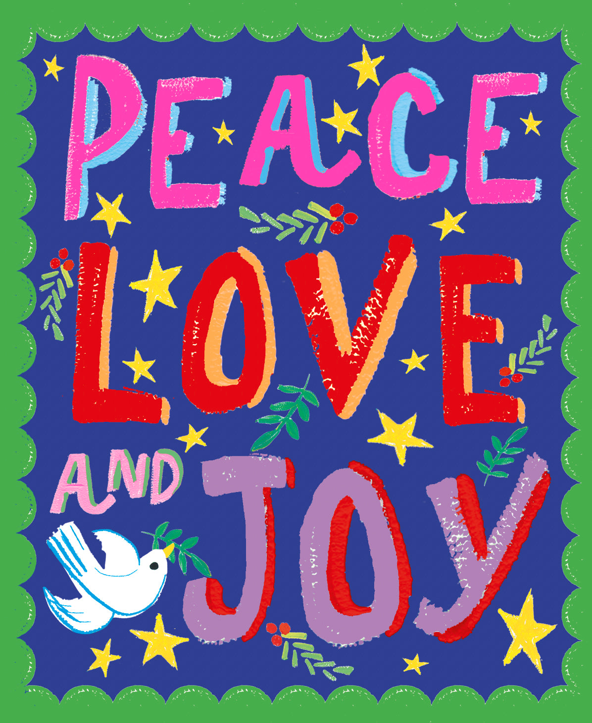 Peace Love & Joy Colourful Christmas Card by penny black