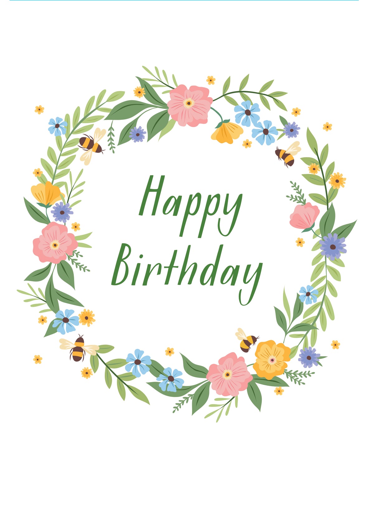 A greetings card with a white background and colourful floral wreath. The words happy birthday are written in the centre in green script.