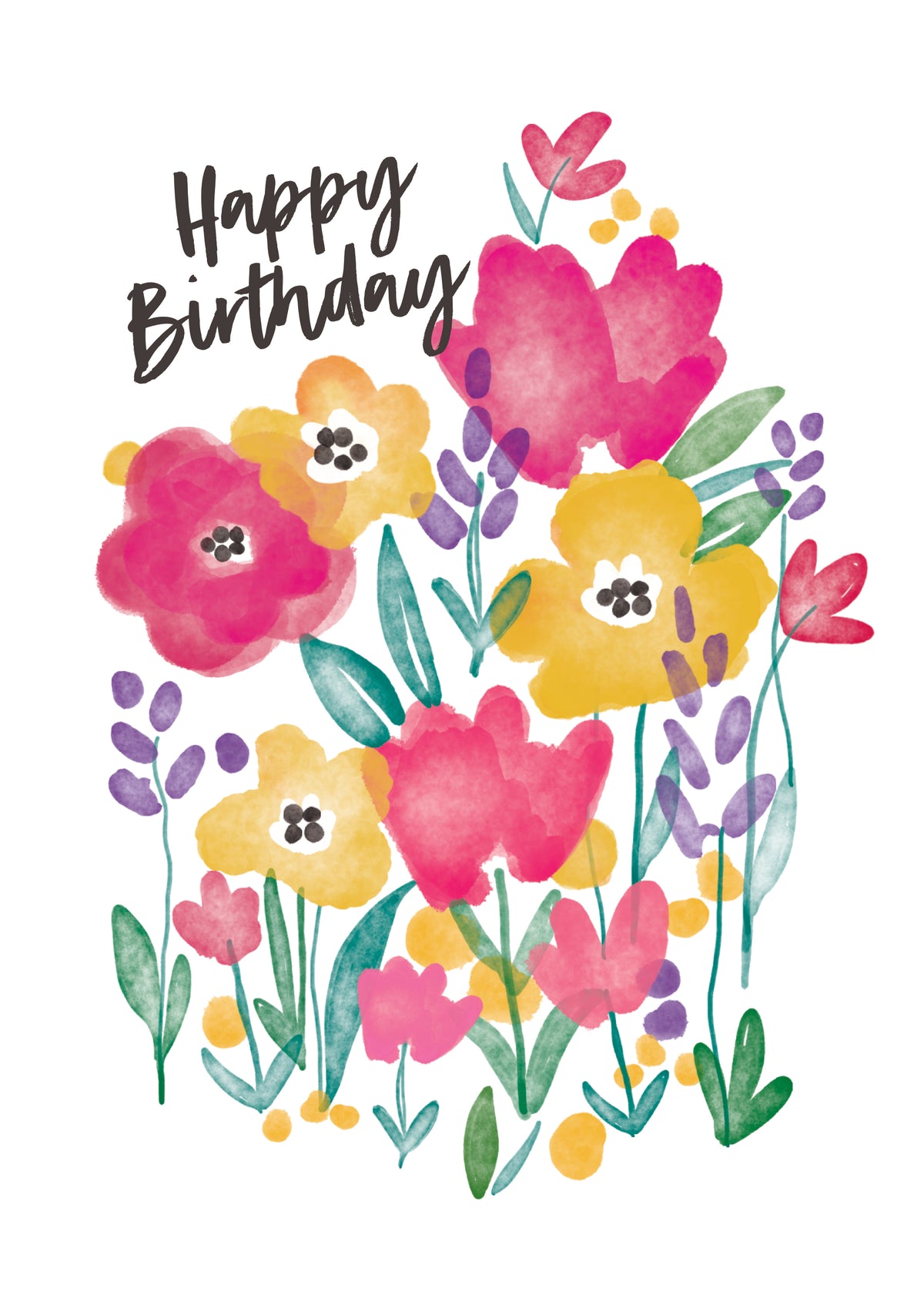 A greetings card with a white background and colourful watercolour style flowers. The words happy birthday are written on the top left in black script.