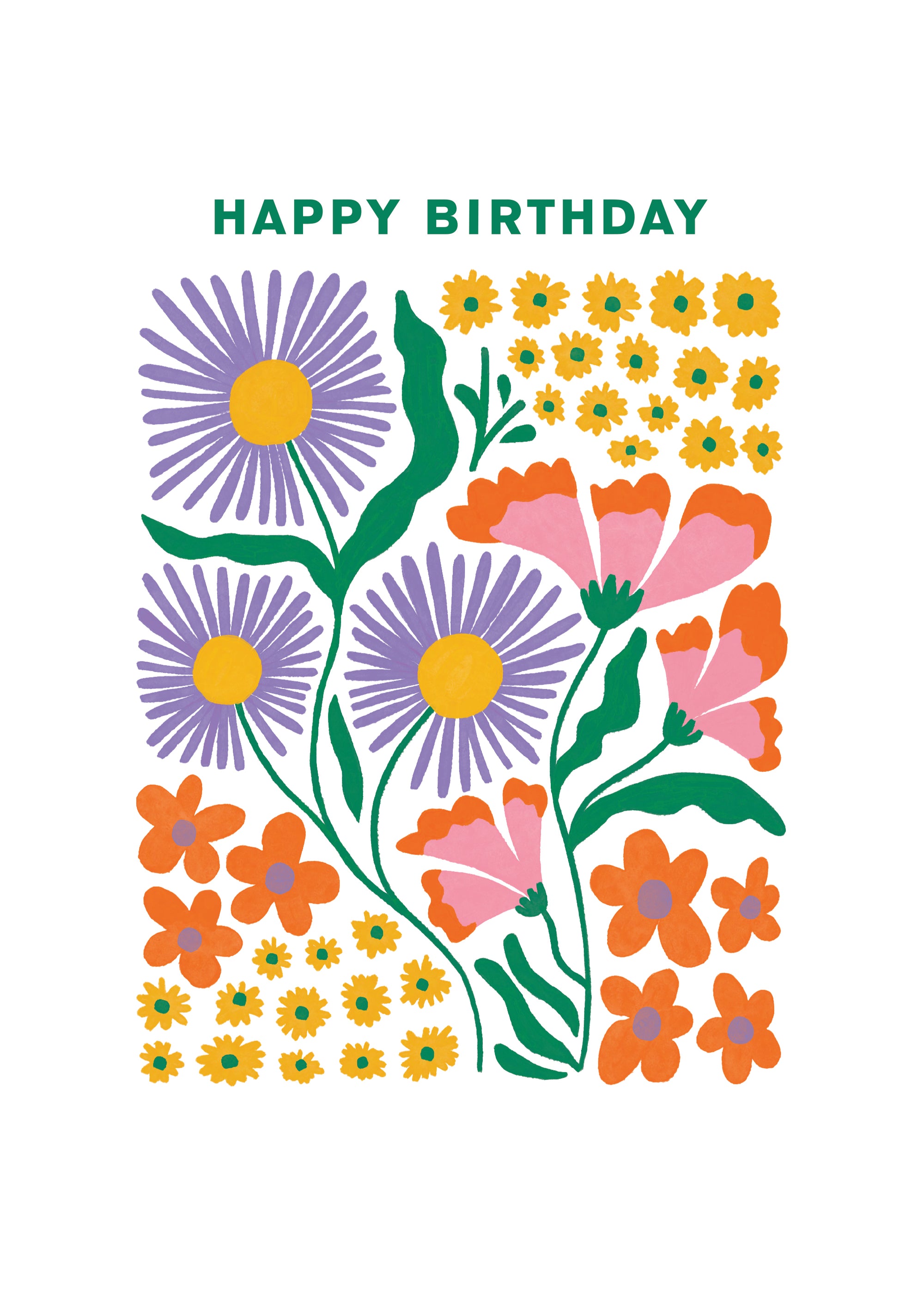 A greetings card with a white background and colourful graphically illustrated flowers. The words happy birthday are written above in green block capitals.