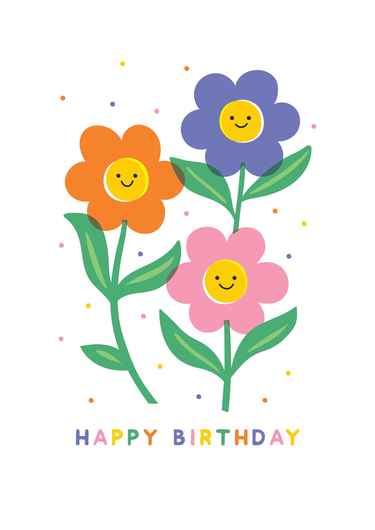 A greetings card with a white background and colourful cartoon flowers with smiley faces in the centre. The words happy birthday are written underneath in rainbow colours.