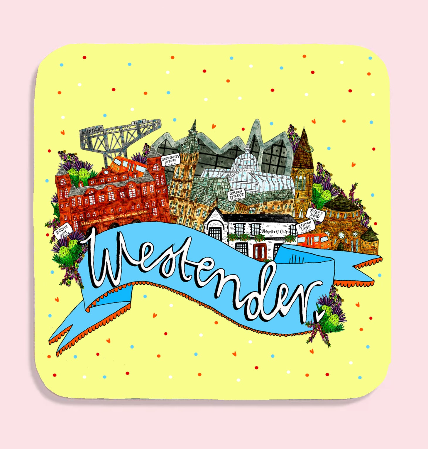Glasgow Westender Illustrated Scottish Coaster by penny black
