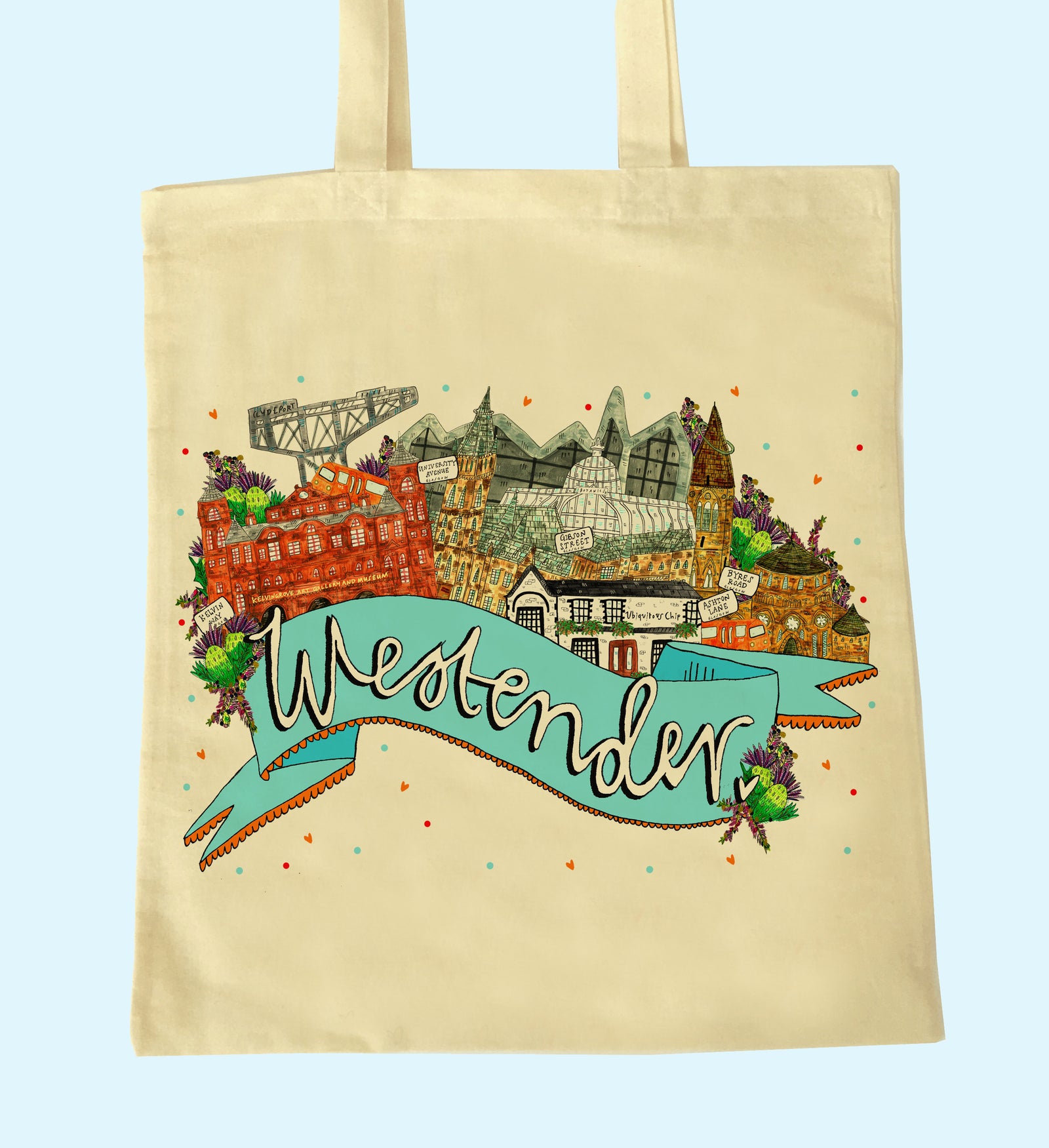 Glasgow Westender Illustrated Scottish Tote Bag by penny black