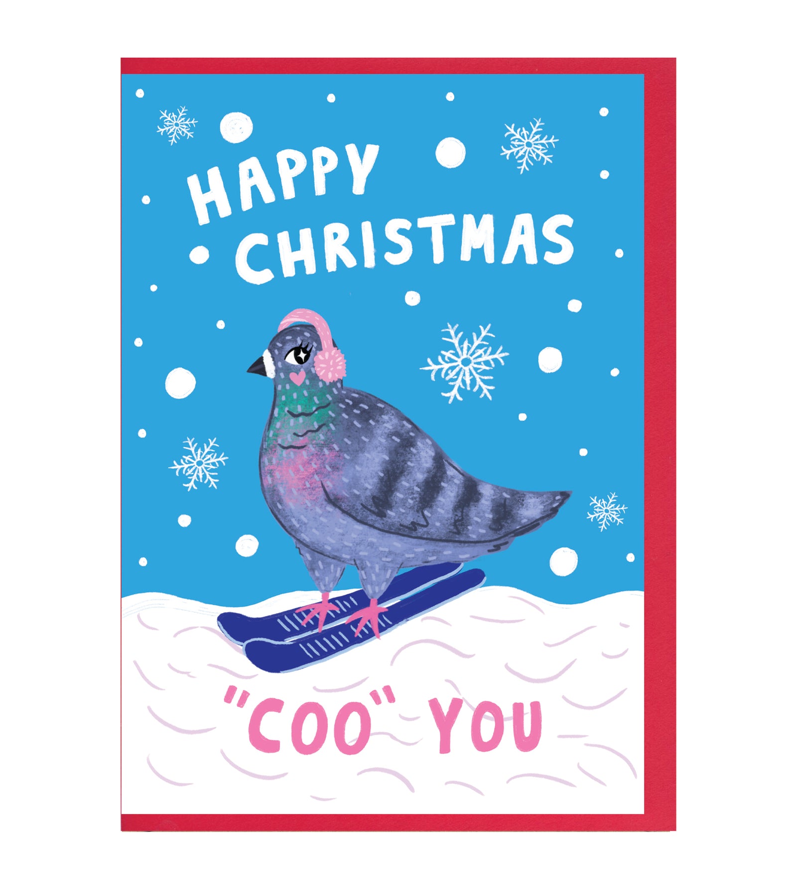 A Christmas greeting card featuring an illustration of a blue and purple pigeon wearing pink earmuffs and standing on a blue skateboard in the snow. The card has a bright blue background with white snowflakes, the text 'HAPPY CHRISTMAS' at the top, and 'COO YOU' in pink at the bottom, framed by a red envelope.