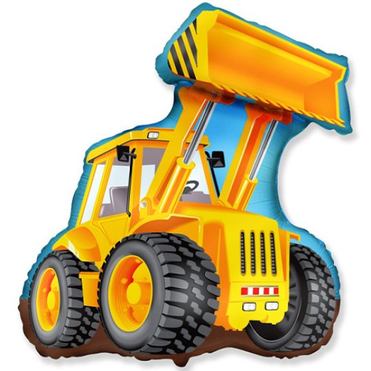 Image is of a foil balloon in the shape of a construction digger.  It is yellow in colour has three large wheels and a scoop overhead. The balloon is coloured blue and brown behind the digger to show sky and mud.