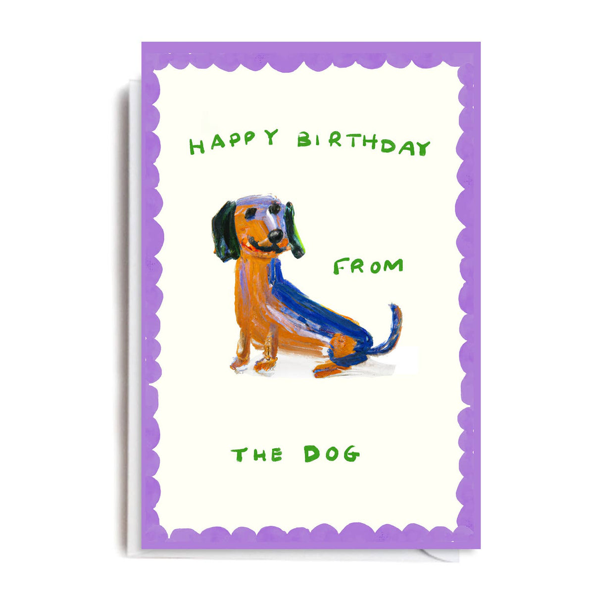 Birthday card with a dachshund illustration and 'Happy Birthday from the dog' text on a purple border.