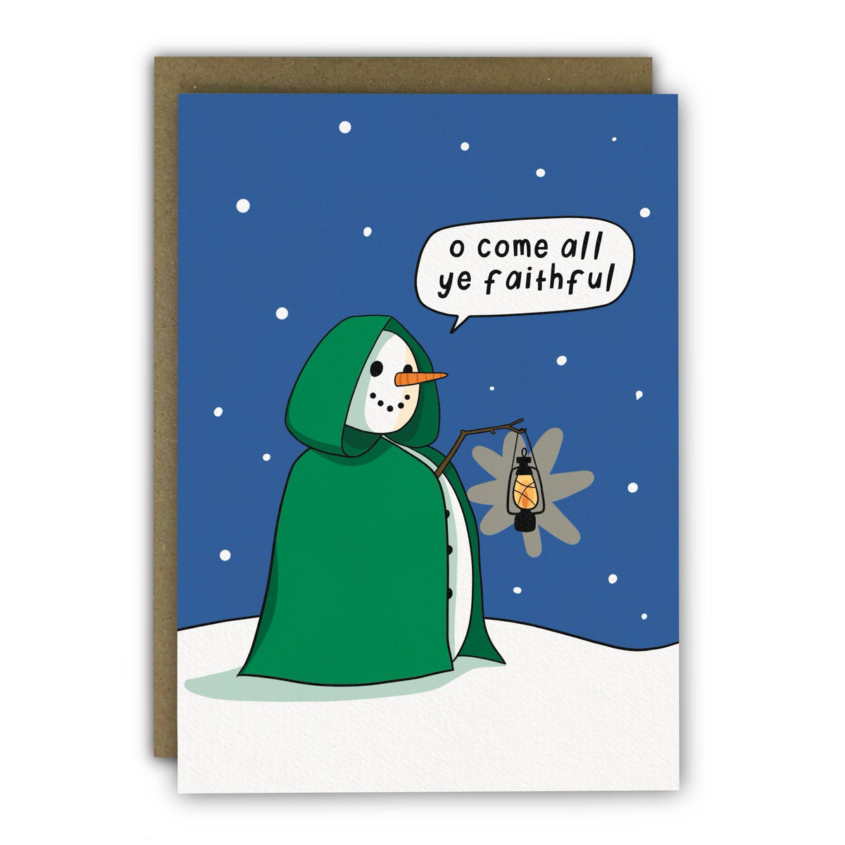 A Christmas greeting card featuring a cartoon snowman in a green hooded cloak holding a lantern, with a speech bubble that reads 'o come all ye faithful', shown with a brown envelope at penny black