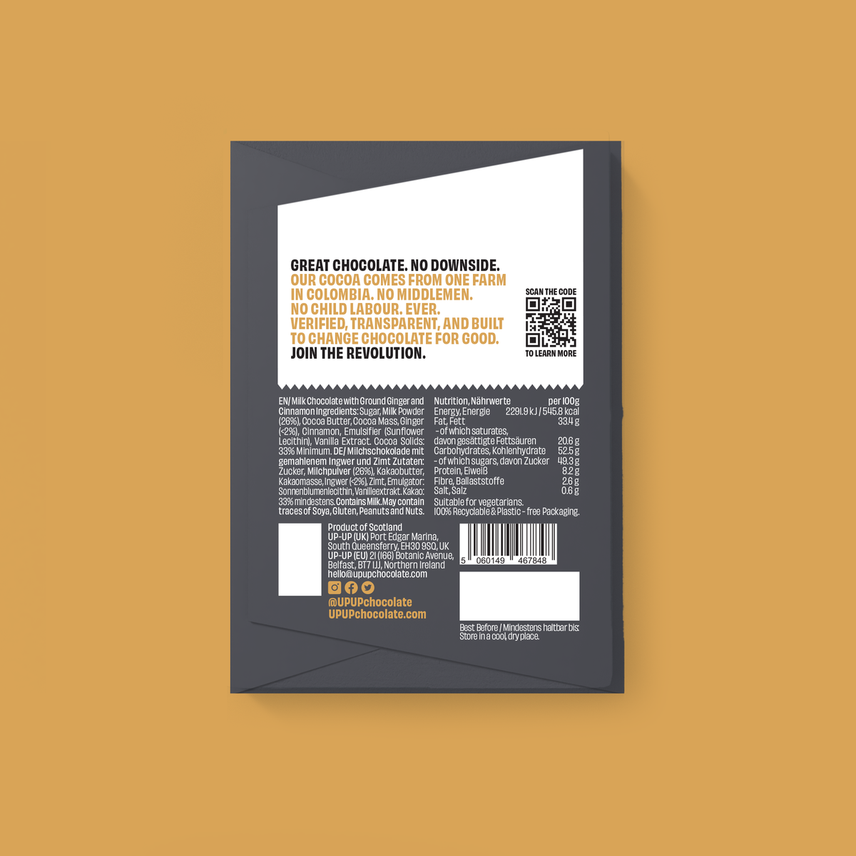 UP-UP Ethical Gingerbread Milk Chocolate Bar 60g showing back cover