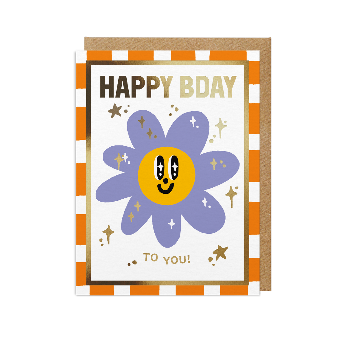 A mini birthday greeting card with a matching kraft envelope behind it. The card has an orange and white striped border, a large purple flower with a yellow smiling face in the centre, and the text 'HAPPY BDAY TO YOU!' in gold tones.