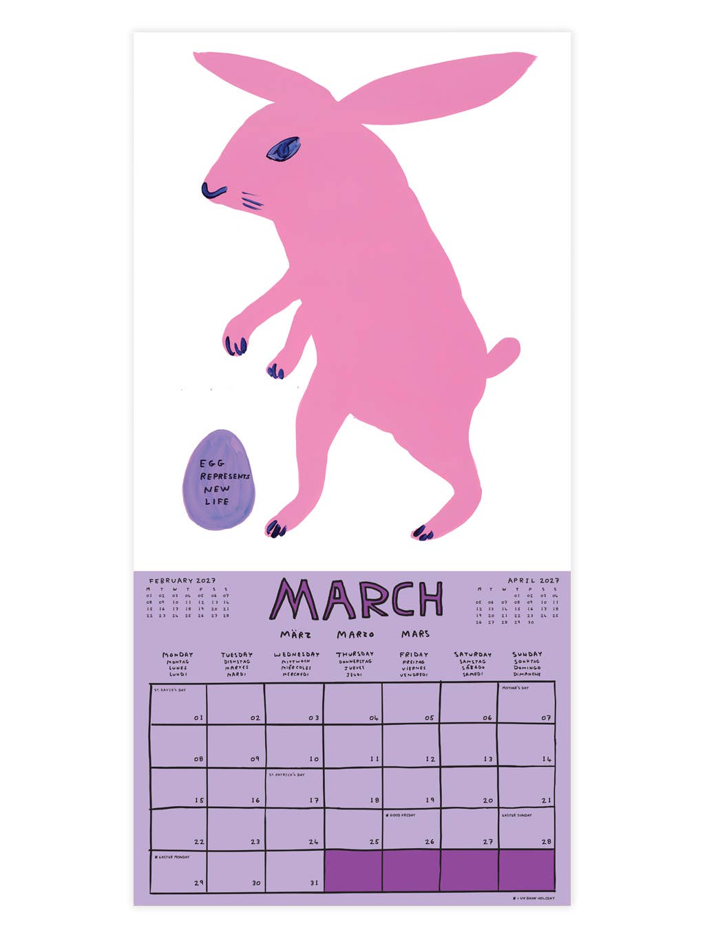 2027 David Shrigley Wall Calendar by penny black - March Easter bunny