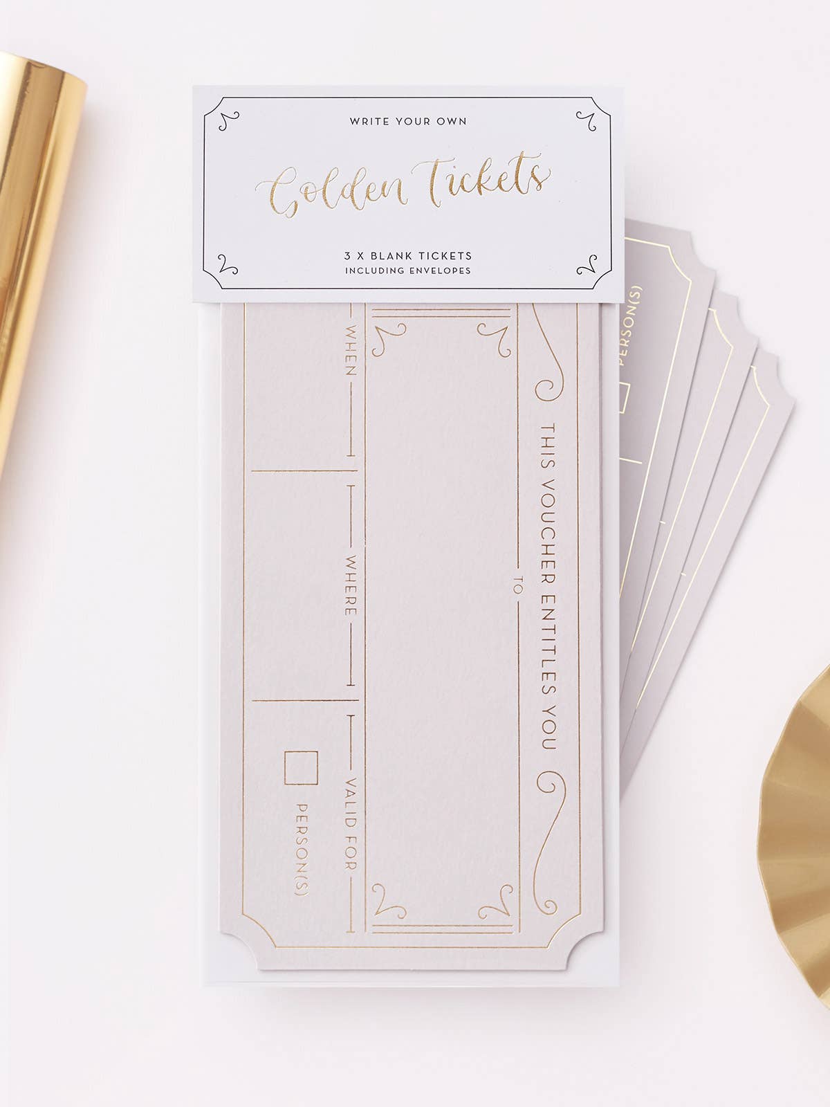 Golden Ticket Christmas Gift Voucher 3 Pack showing taupe colour in packaging by penny black