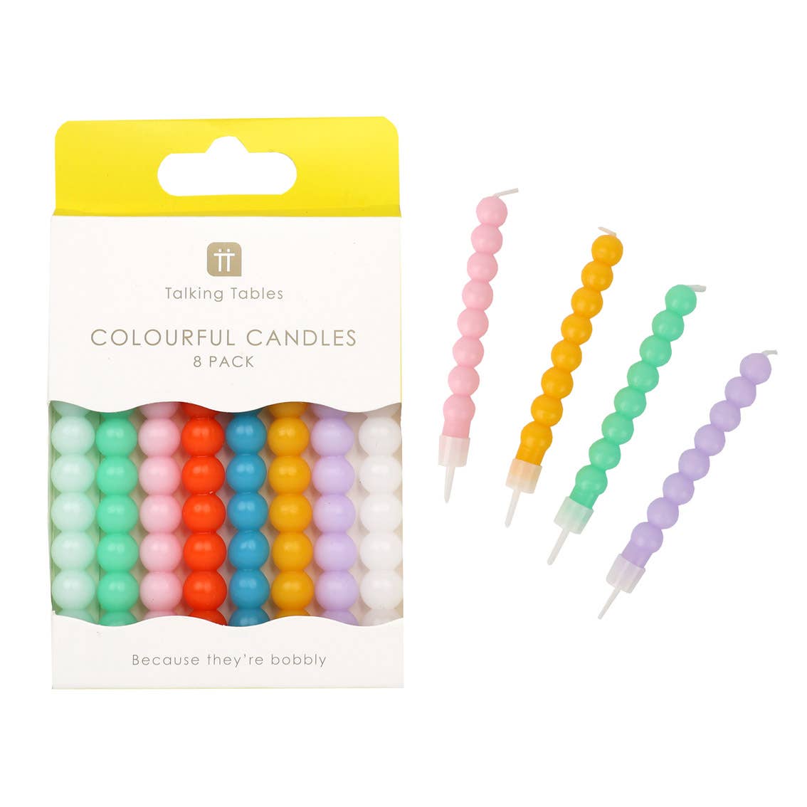 Colourful Bobble Birthday Candles 8 Pack shown in the packaging and some out to show the bobbles
