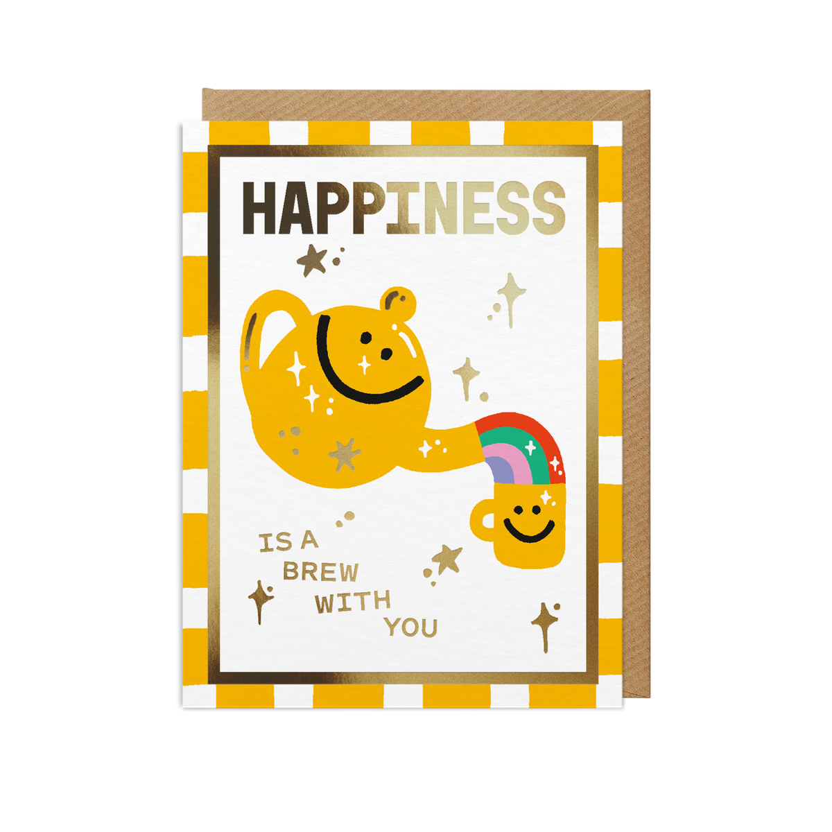 A mini card with a yellow and white striped border, featuring a smiling yellow teapot pouring into a small yellow mug with a rainbow. The card reads 'HAPPINESS IS A BREW WITH YOU' in gold lettering, with a brown envelope behind it on a white background.