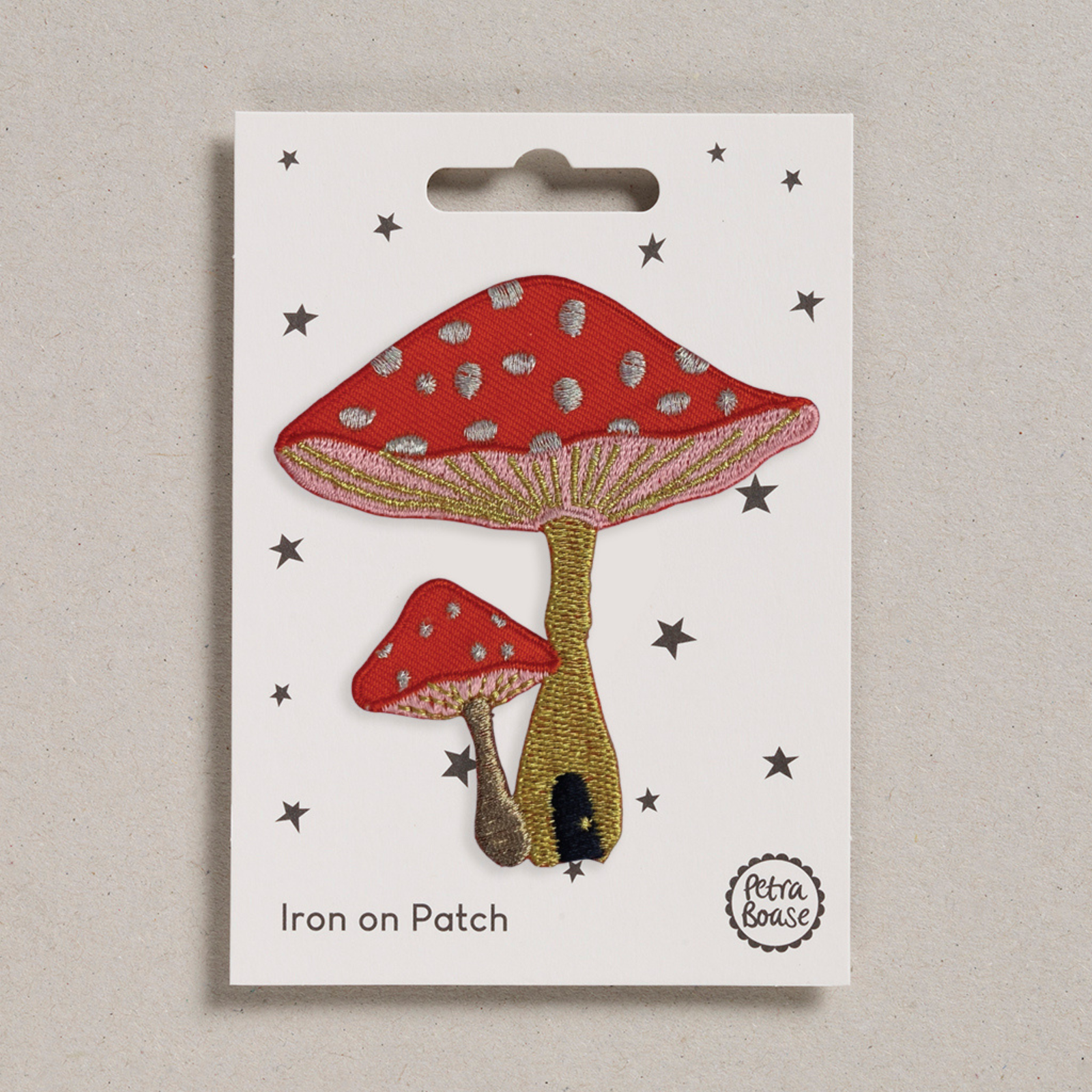 Colourful Iron on Patch - Toadstools on a backing card