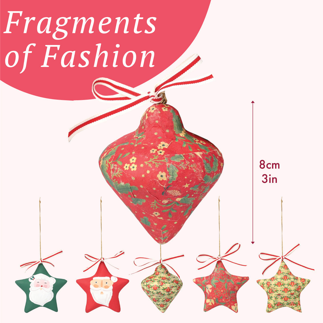Size information on 6 Decorative Christmas ornaments featuring 'Fragments of Fashion' text by talking tables at penny black