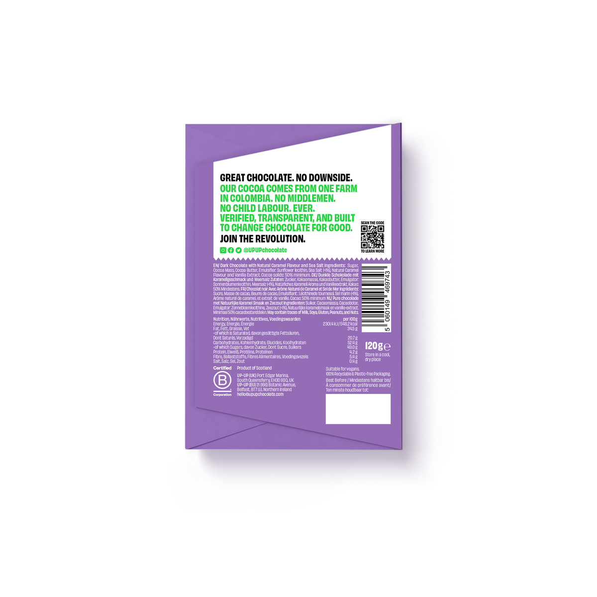 UP-UP Ethical Dark Caramel Chocolate Bar 120g by penny black showing back of bar
