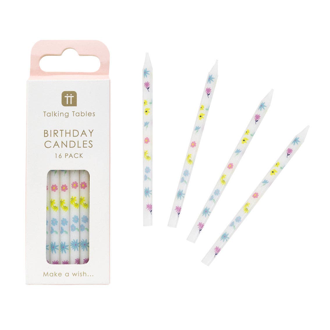 Pastel Flowery Print Candles 16pk shown in packaging and out to show pattern by penny black