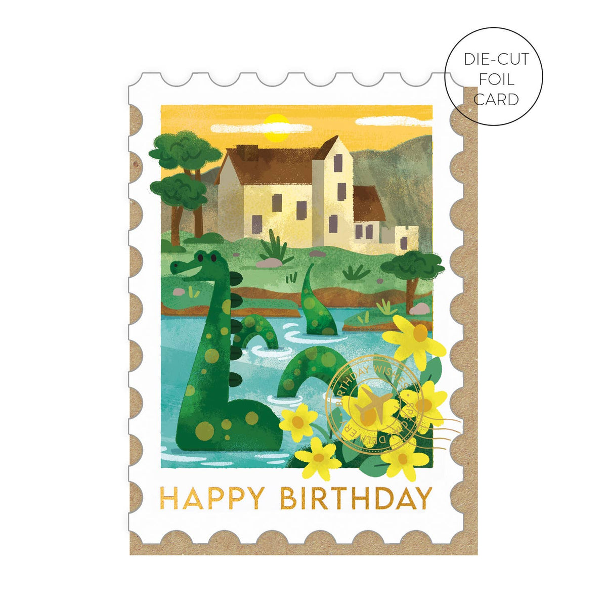 A die-cut foil birthday card featuring a whimsical illustration of the Loch Ness Monster or Nessie in a loch with yellow flowers, a beige building, and the words 'HAPPY BIRTHDAY' at the bottom. A circular callout in the top right reads 'DIE-CUT FOIL CARD' and a brown envelope is visible.