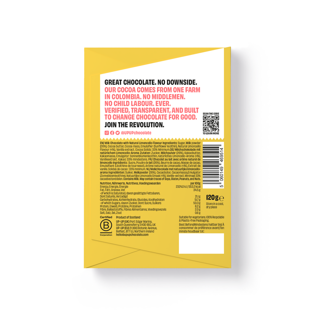 UP-UP Ethical Limoncello Milk Chocolate Bar 120g by penny black showing back of packaging