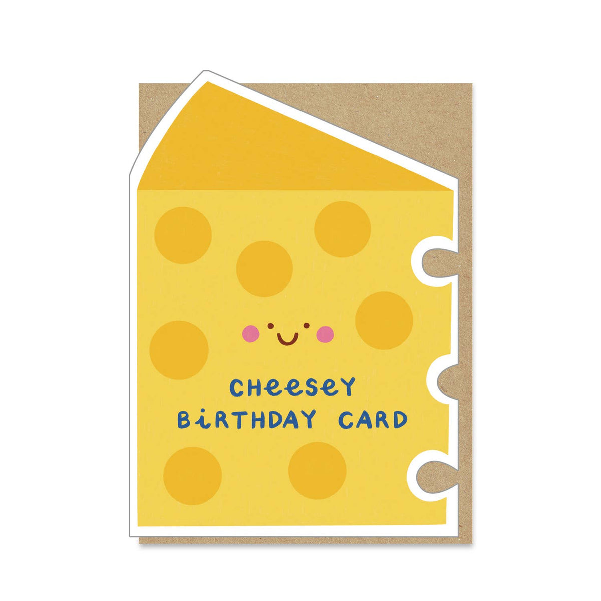 Cheese-themed birthday card with a smiley face on a white background with a brown envelope.