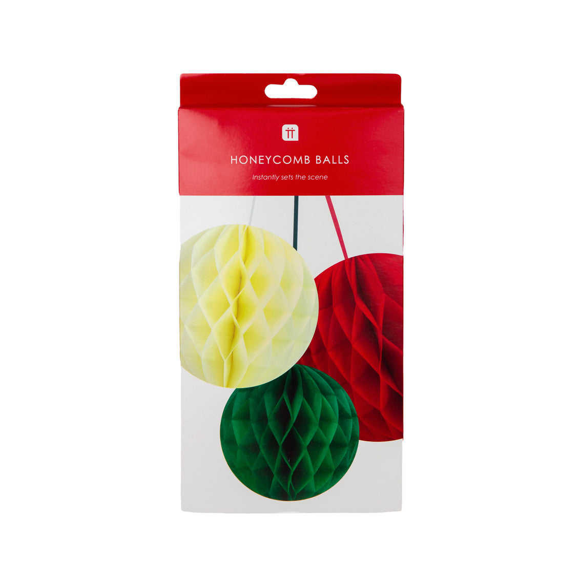 An image of retail packaging for 3 festive coloured honeycomb decoration paper balls.