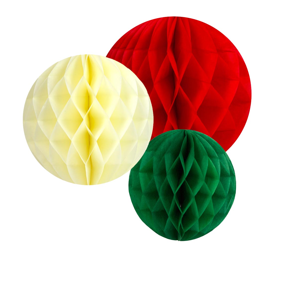 An image of 3 festive coloured honeycomb decoration paper balls - one cream, one dark green and one festive red.