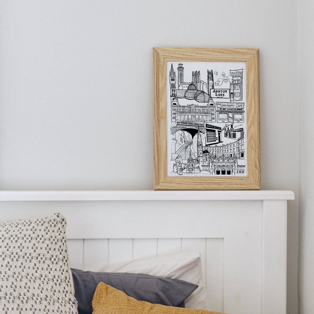 Glasgow West End Landmark Skyline Illustration Print by law illustrates at penny black shown in a frame
