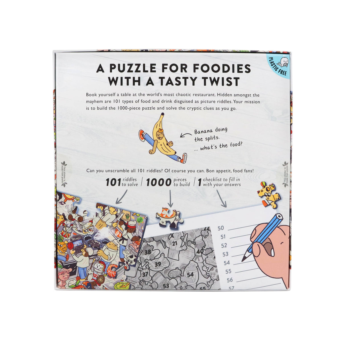 A boxed Chaos in the Kitchen puzzle product titled 'A PUZZLE FOR FOODIES WITH A TASTY TWIST' on a white background. The front shows colorful food-themed illustrations and sample clue text.
