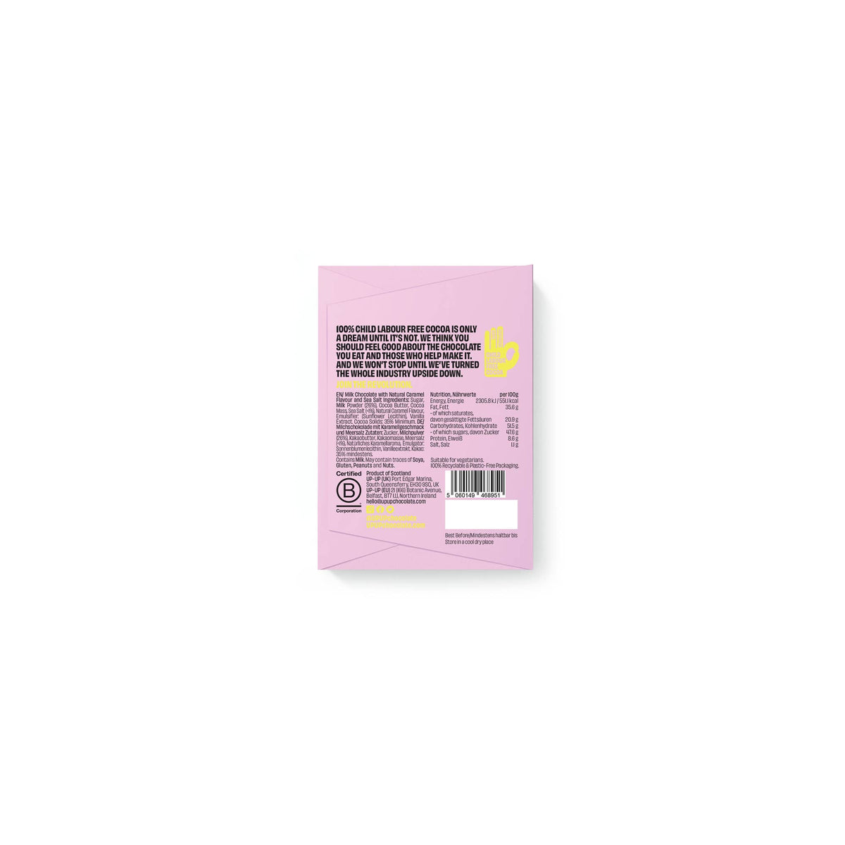 UP-UP Ethical Salted Caramel Chocolate Bar 60g back of packaging by penny black