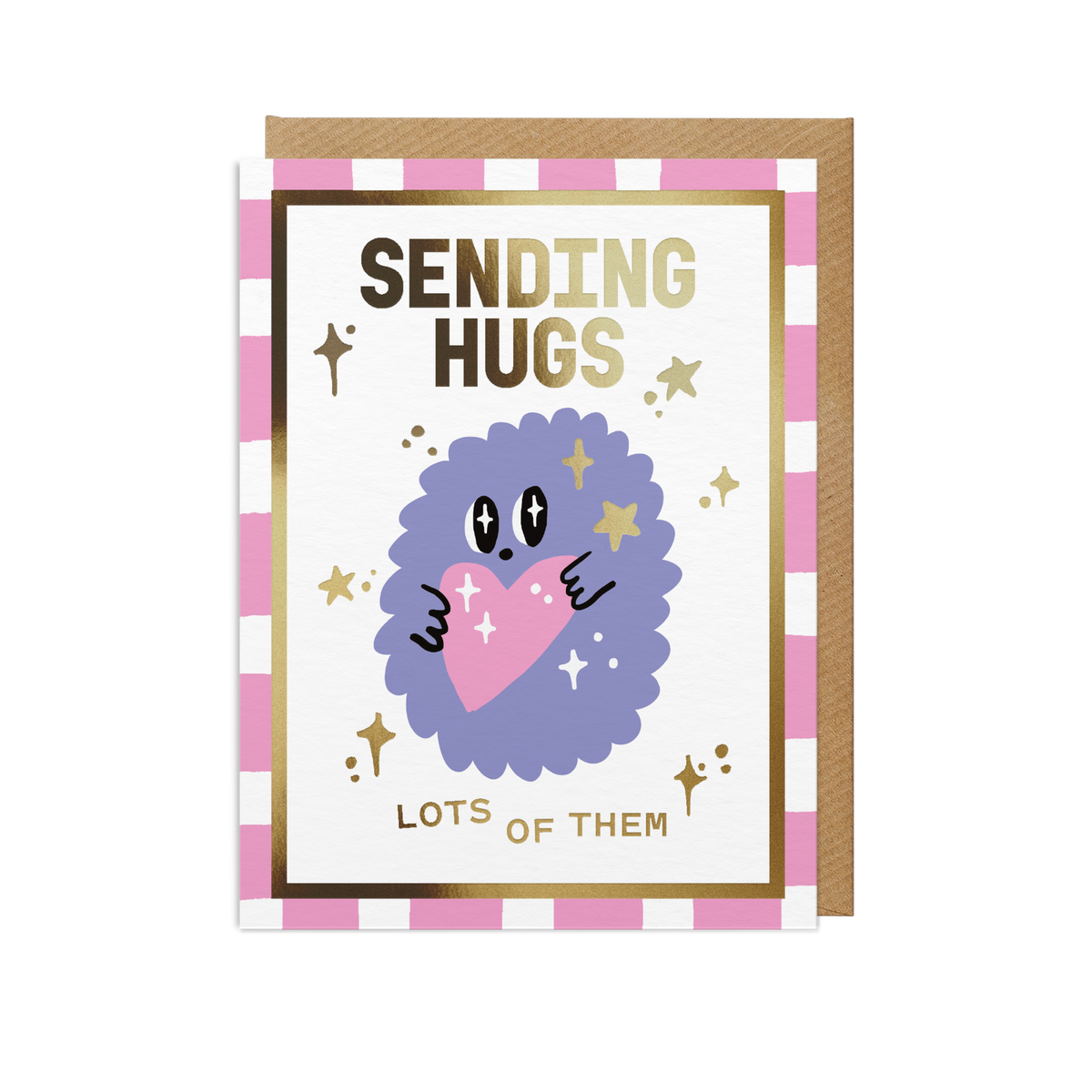 A mini greeting card with a pink and white checkered border, featuring a purple fuzzy character hugging a pink heart. The card reads 'SENDING HUGS LOTS OF THEM' in gold lettering, with a brown envelope behind it on a white background.