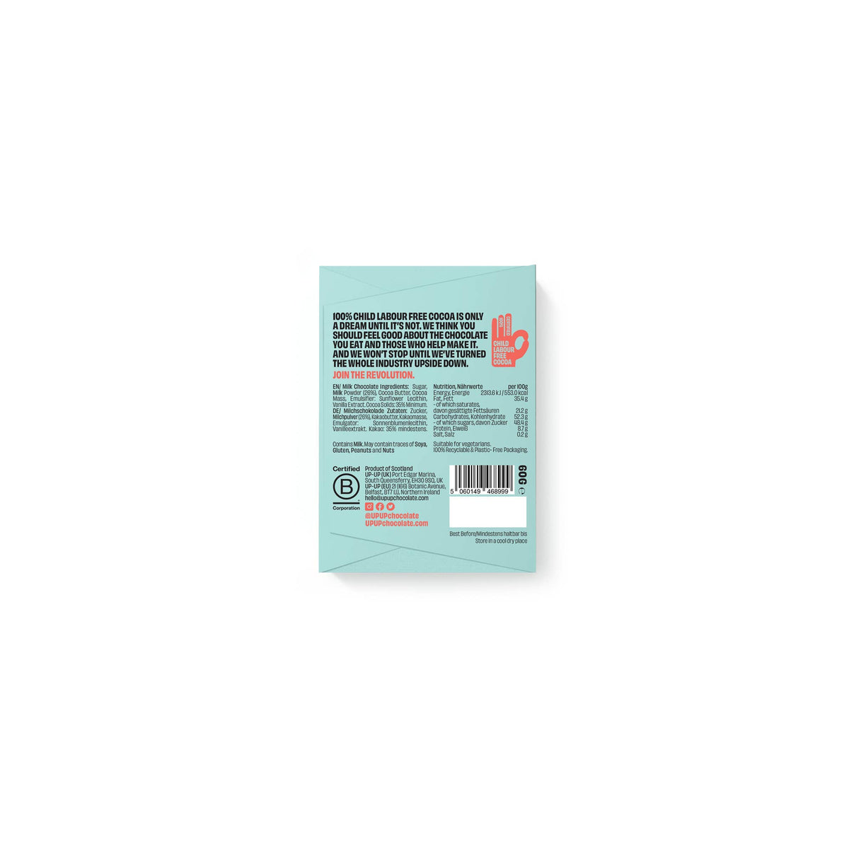 UP-UP Ethical Milk Chocolate Bar 60g back of packaging by penny black