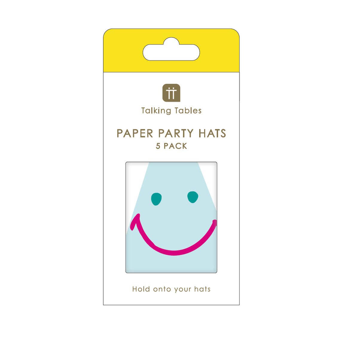 Happy Face Paper Party Hats 5pk in packaging at penny black