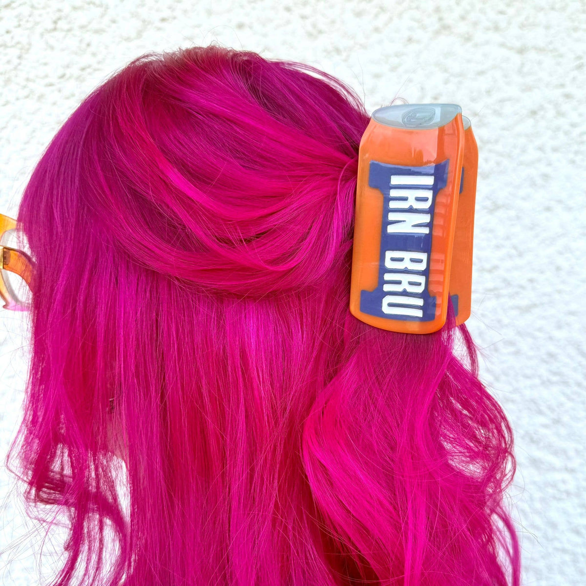 Iron Brew Can Hair Claw by penny black shown in someones hair