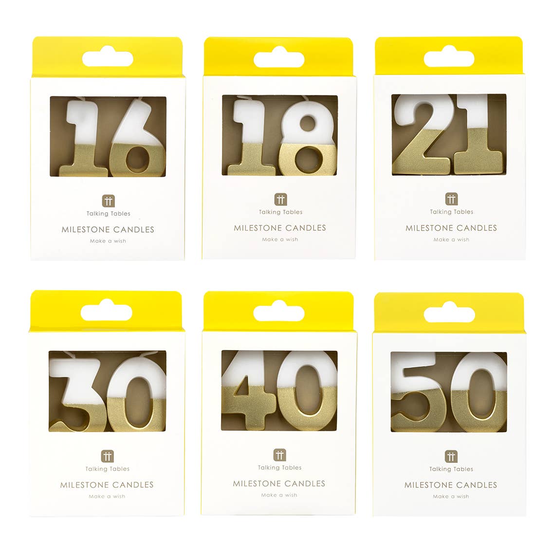 White & Gold Number Milestone Birthday Candle Set showing all in the set by penny black