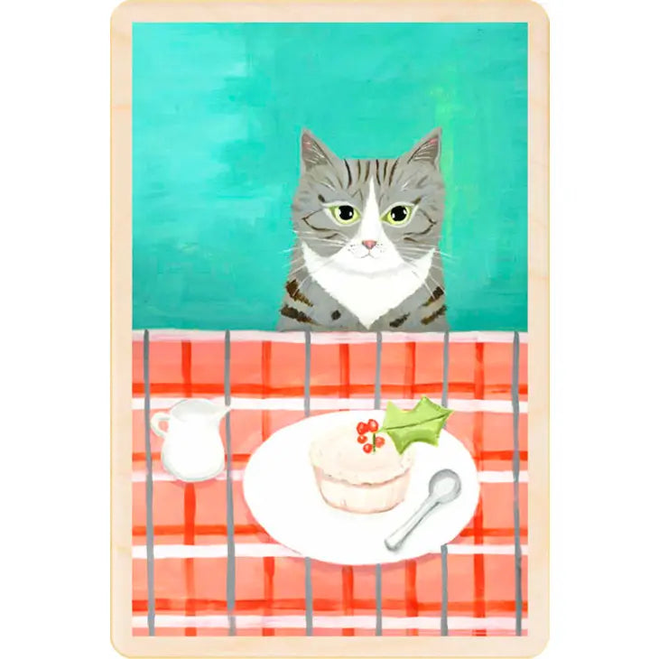 Cat at the Table Wooden Christmas Postcard by penny black